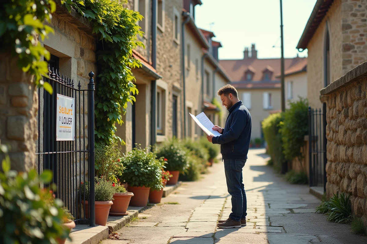 Rue de village français avec maisons à louer à petit prix affichant des panneaux de location