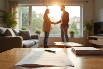 Salon lumineux avec contrat de location sur la table