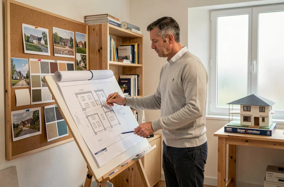 Chef de projet de Seger promoteur immobilier étudiant des plans architecturaux et des échantillons de matériaux dans un studio de conception en Bourgogne-Franche-Comté