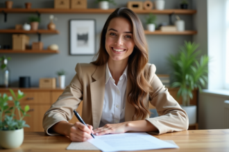 Femme signant un contrat de location dans un appartement moderne