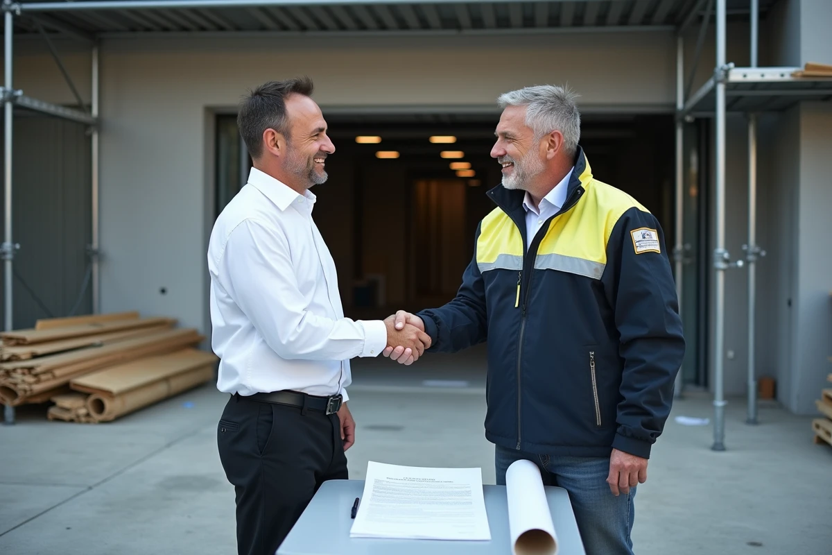 Deux professionnels du bâtiment signant un contrat de travaux à l'entrée d'un chantier commercial
