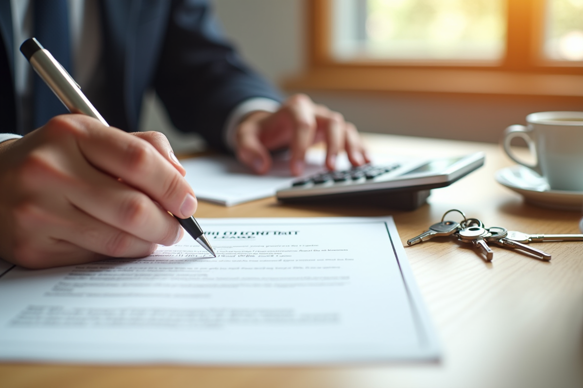 Main signant un bail de location avec clés et calculatrice