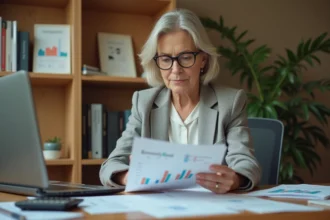 Femme senior analysant un simulateur viager sur Excel avec des tableaux financiers imprimés dans un bureau à domicile