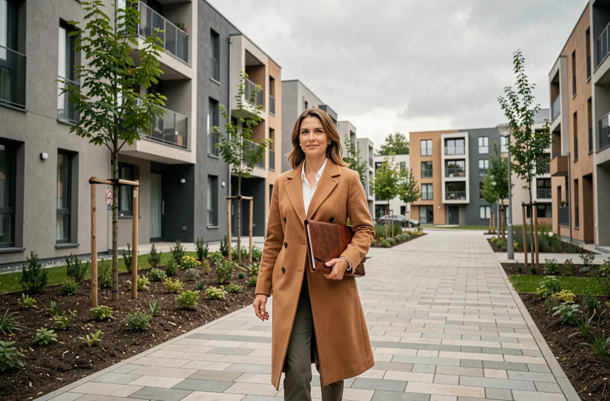 Promotrice immobilière de Sixième Avenue se promenant dans une avenue résidentielle neuve aux façades géométriques modernes en Bourgogne-Franche-Comté