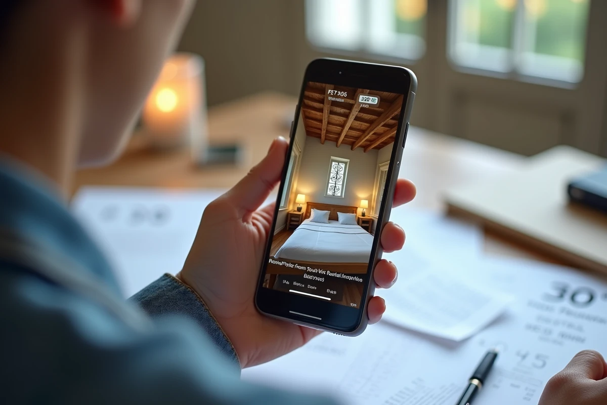 Smartphone affichant une visite virtuelle 360 d'une chambre de location saisonnière provençale avec documents de tarification
