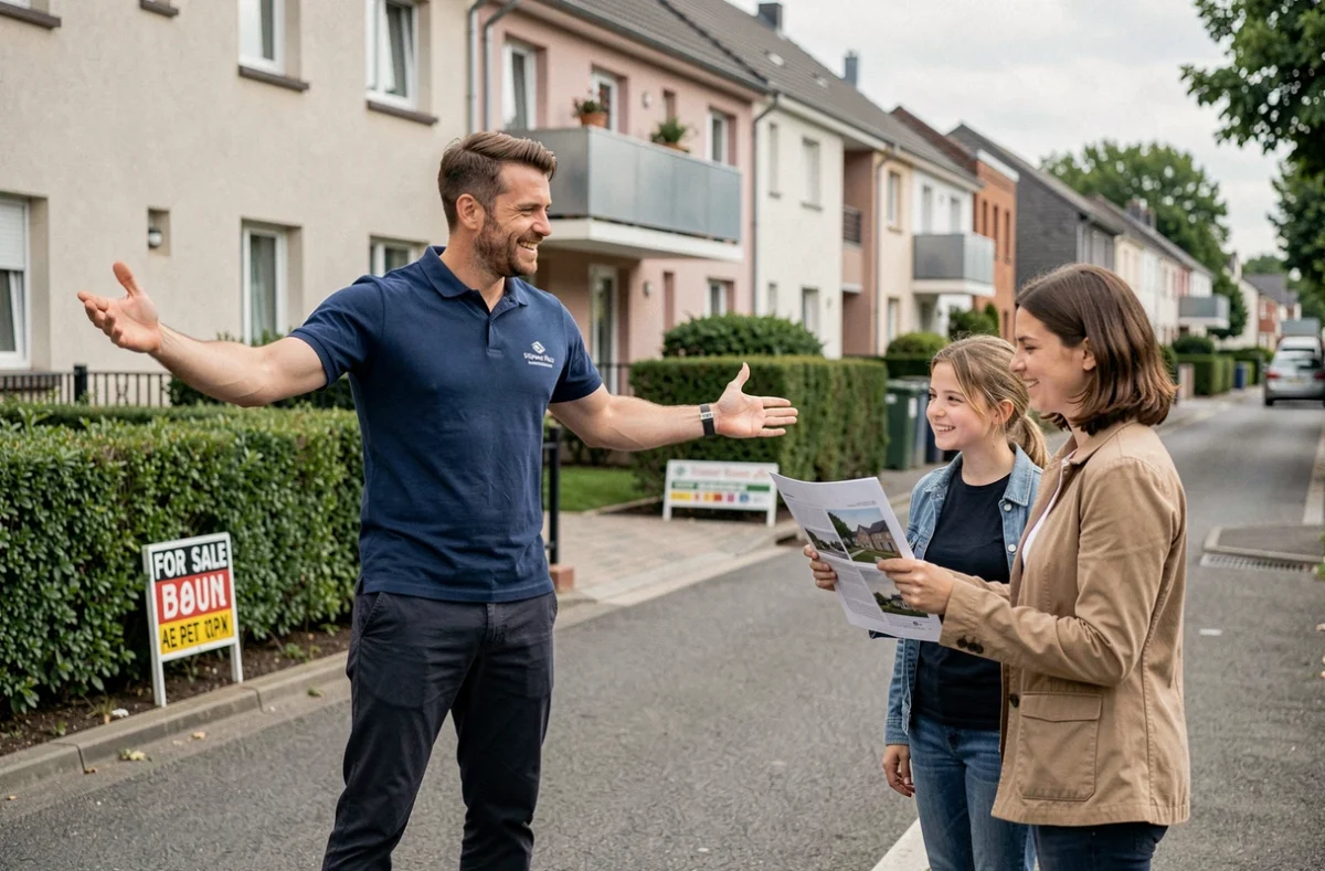 Agent Stéphane Plaza Immobilier Caen accueillant une famille devant un bien immobilier en vente