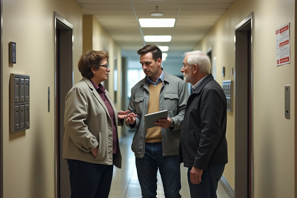 Superviseur parlant avec un couple dans un couloir d