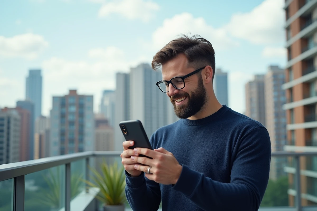 Propriétaire bailleur consultant un tableau de bord de gestion immobilière sur smartphone depuis une terrasse urbaine