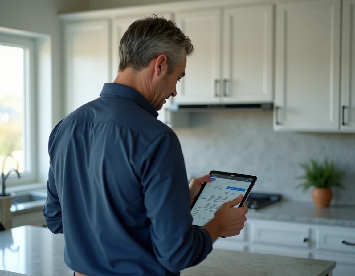 Homme téléchargeant des documents de copropriété sur une tablette numérique dans une cuisine moderne
