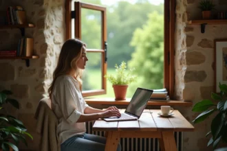 Femme en télétravail dans une petite maison de campagne avec vue sur le jardin dans l'Eure