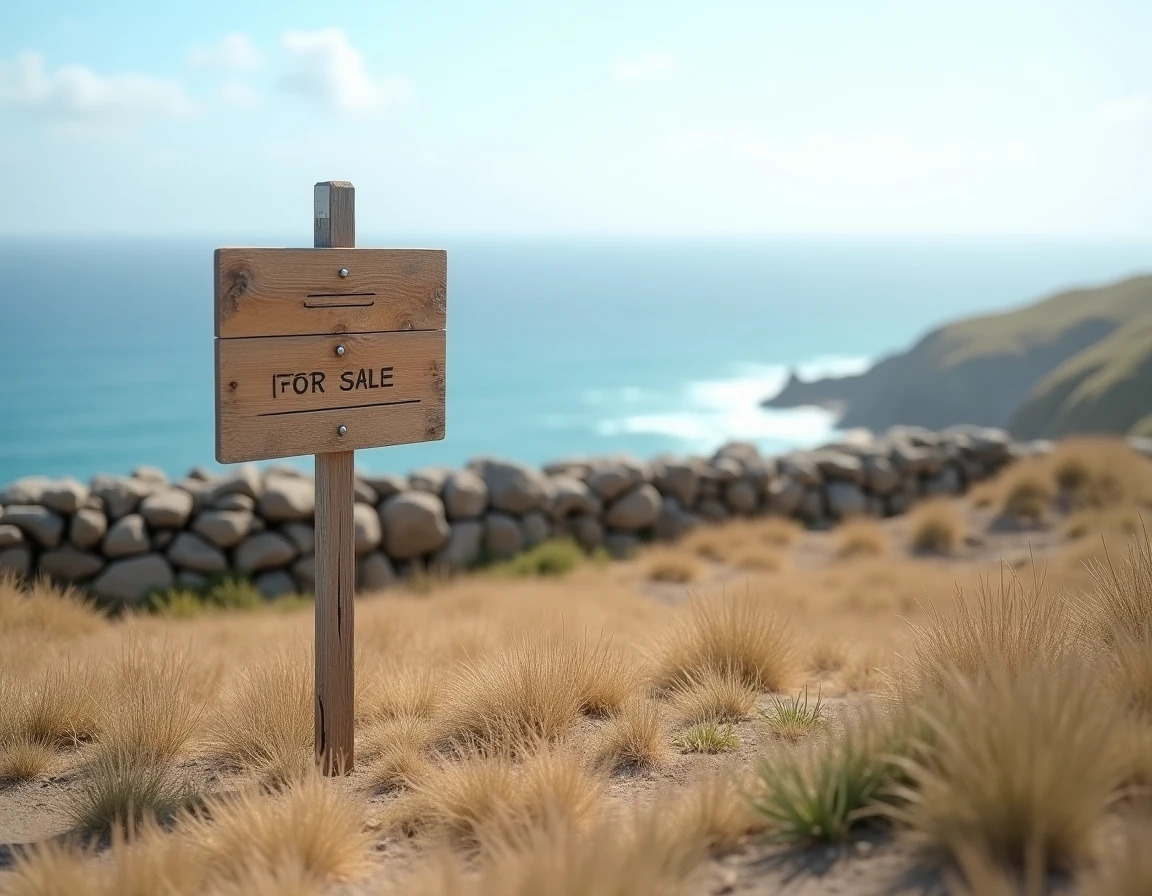 Terrain à vendre en bord de mer avec panneau d'agence immobilière et vue sur l'océan