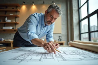Urbaniste analysant un plan de coupe de terrain annoté sur une table à dessin dans un bureau d'architecture moderne