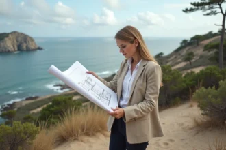 Urbaniste féminine consultant des plans architecturaux sur une falaise rocheuse en bord de mer dans une zone naturelle protégée