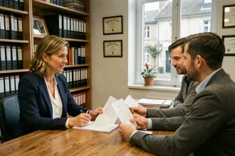Conseillère immobilière présentant un contrat de multipropriété à un couple dans un bureau notarial