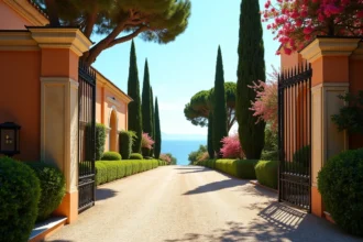 Façade d'une villa historique de la Côte d'Azur avec grilles en fer forgé et végétation méditerranéenne luxuriante, mer en arrière-plan