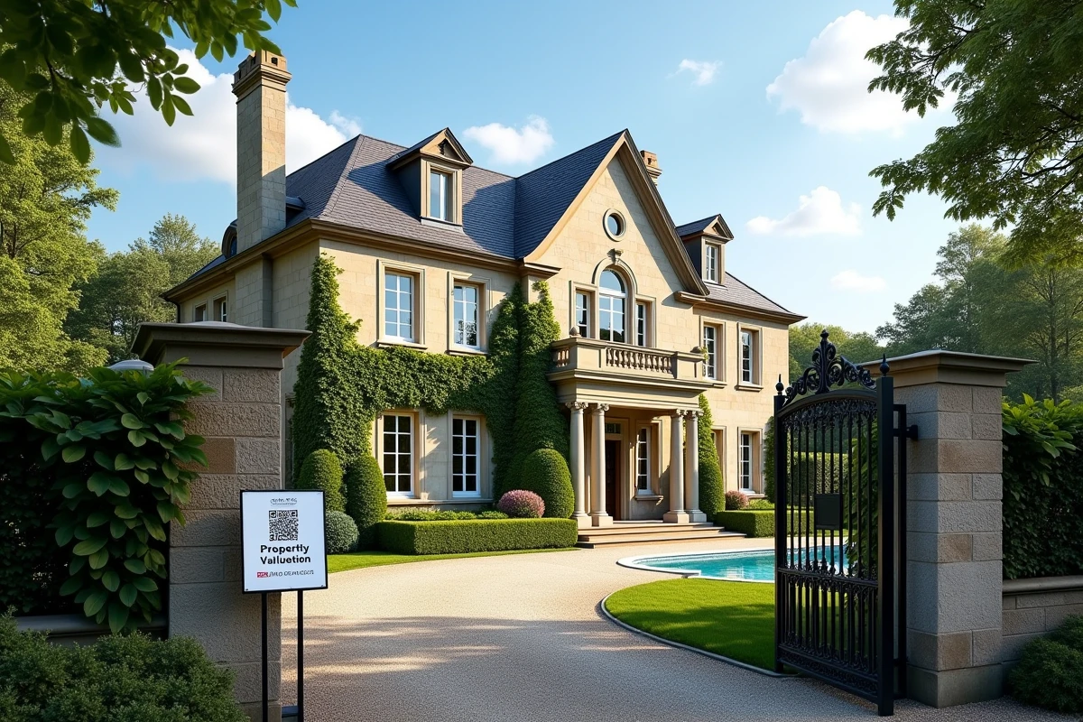 Villa de prestige en pierre avec piscine et portail en fer forgé mise en valeur lors d'une estimation immobilière haut de gamme