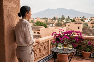 Femme européenne sur la terrasse d'une villa riad à Marrakech contemplant les toits en terre cuite et les palmiers avec les montagnes de l'Atlas en arrière-plan