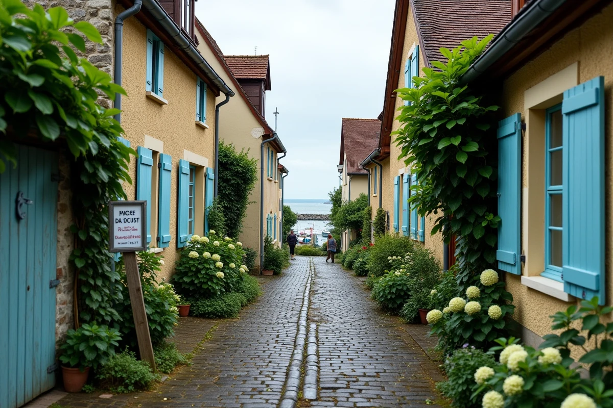 Rue pavée d'un village normand en bord de mer avec maisons à colombages à vendre