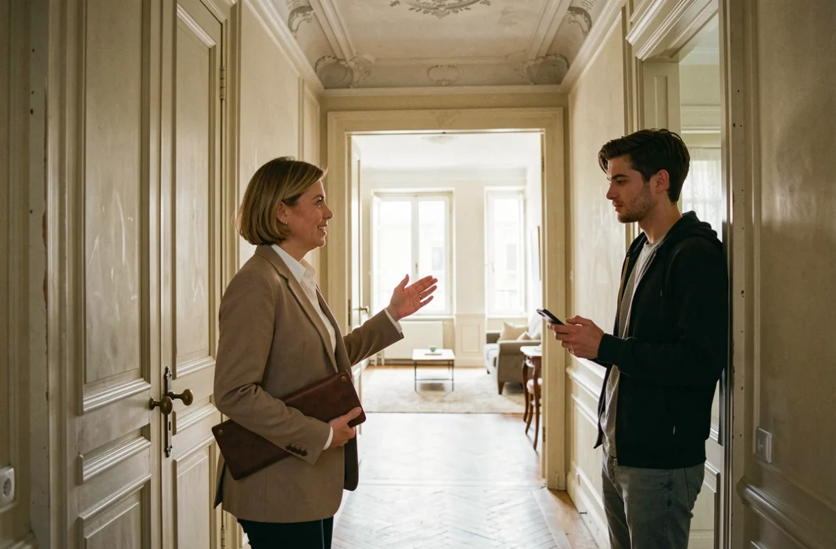 Agente immobilière présentant un appartement haussmannien à Lyon à un futur locataire lors d'une visite