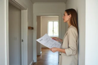 Femme en visite immobilière tenant un plan de T3 dans le couloir d'un appartement vide