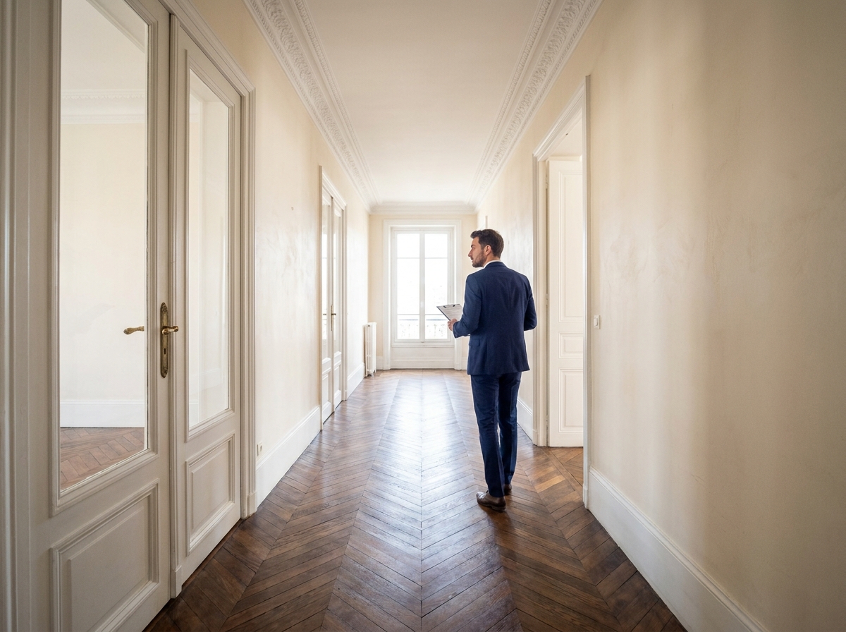 Agent immobilier visitant un grand appartement T4 vide avec parquet en point de Hongrie dans un immeuble ancien de Lyon