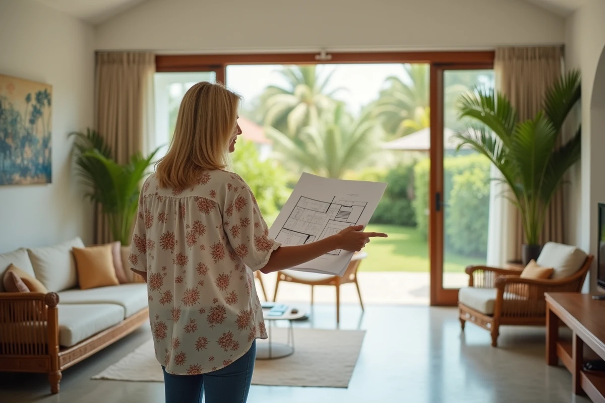 Une expatriée visite l'intérieur d'une maison thaïlandaise simple et lumineuse lors d'une visite immobilière