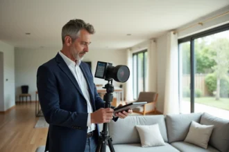 Agent immobilier réalisant une visite virtuelle 360 degrés dans un salon moderne pour une location saisonnière