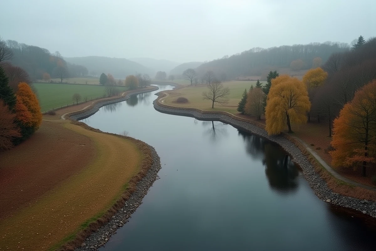 Vue aérienne d'un étang privé alimenté par un ruisseau en milieu rural avec délimitation foncière visible